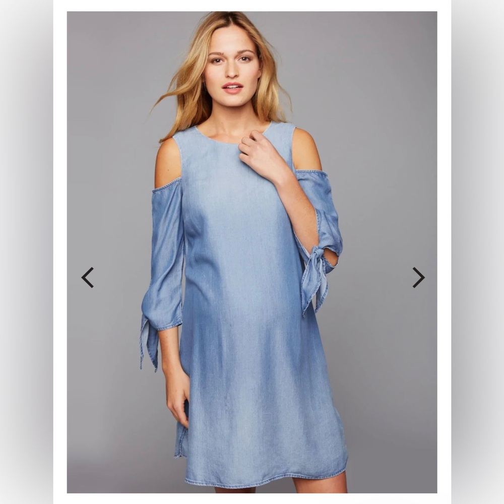 A Pea in the Pod- Chambray Cold Shoulder Maternity Dress